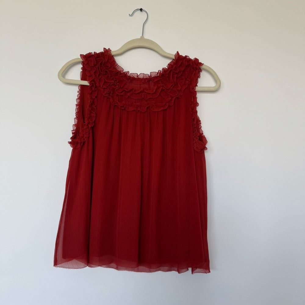 Unsubscribed 100% Silk Ruffled Rust Red Sleeveless Blouse Tank Sz S